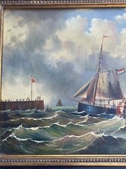 ANTIQUE NAUTICAL SHIP PAINTING BOAT SEASCAPE VINTAGE MYSTERY ARTIST