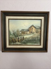 VTG Wood Framed Oil Painting By S. Locke-Countryside Farm