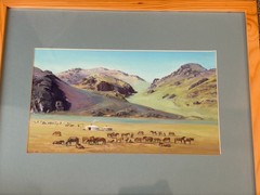 NICE! Mongolia acrylic painting signed horses yurts 13×7.5″ & 19×15 framed small