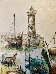 Mid-Century Harbor Painting Signed Tammy Peters – Coastal Boats & Lighthouse