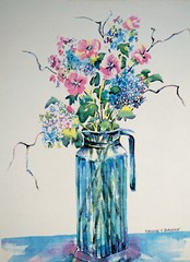 Watercolor Still Life Painting of a Vase of Flowers by Adrienne F. Sorenesen