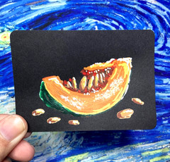 ACEO Original Art Card Acrylic 3.5 x 2.5 „Pumpkin Seeds“ by low.flying.bird