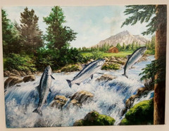Salmon jumping cabin in the woods painting by Anton Kimball 12×16 original