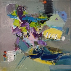 Abstract oil painting 8″x8″ Contemporary art, Angel, Gray, Blue, Yellow, Impasto