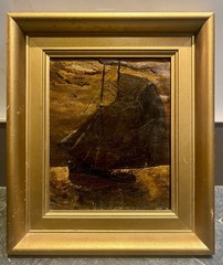 Antique 19th c.Tonalist Seascape Oil Painting – Sailboat at Dusk, Signed HFA