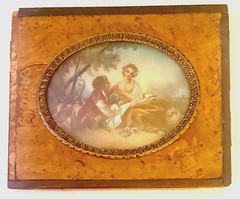 ANTIQUE MINIATURE PAINTING PORTRAIT, GLASS/WOOD/BRASS FRAMED, COUPLE, c1910 g