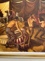 VINTAGE CIRCUS PAINTING WORKERS PERFORMERS 30 INCHES LISTED AMERICAN WPA STYLE