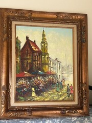 French Parisian Oil Painting on Canvas Signed Rene Carun Flower Market Framed