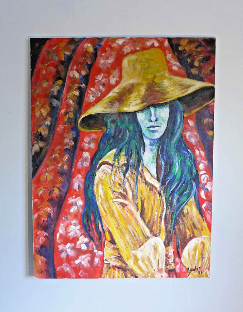 Blue Bohemian Lady Original Oil Painting N Schuler 1973 Yellow Hat Mid Century