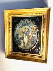 PAIR Antique English Fine Silk Embroidery Painting Gold Frame