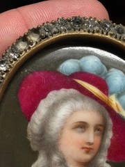 Antique hand painted Porcelain CAMEO AMW 24k gold plated JEWELED FRAME Red Hat