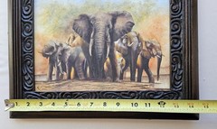 Kenyan Artist RICHARD KIMEMIA African Painting Elephant Family CARVED WOOD FRAME