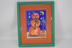 VTG Pumpkin Snowman Halloween Framed Orig Watercolor Painting Sharon Neuhaus TX