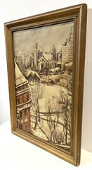 Vintage Landscape City Scene Painting On Canvas Framed Signed And Dated 1943