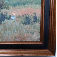 1975 Bucolic Countryside Landscape Painting Signed Sisley Figures Meadow 14×11