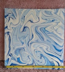 Abstract Fluid Pour Painting 6 x 6 Canvas Board Home Decor Wall Art White Blue