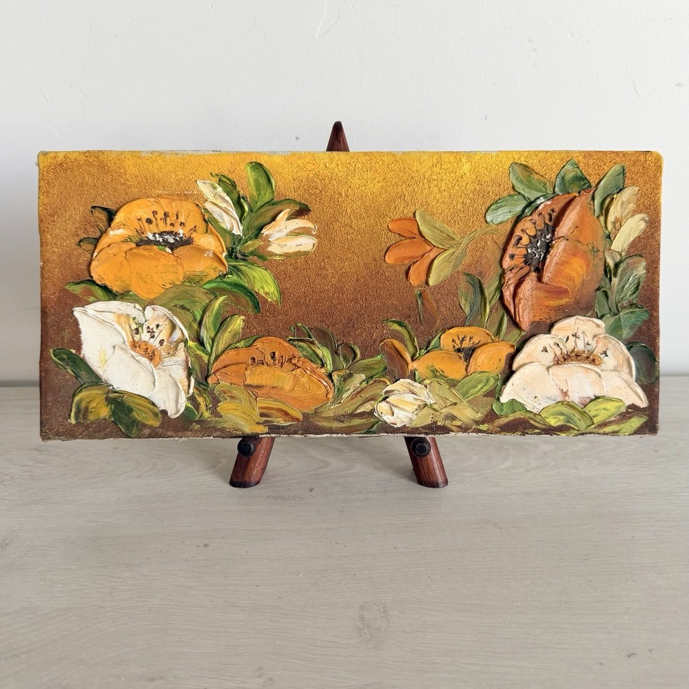 VTG MCM Impasto Oil Painting Floral Still Life Orange White Heavy Texture Art