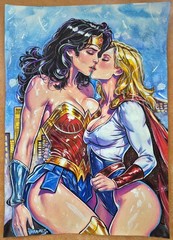 Original Wonder Woman Power Girl Fan Painting A4 DC Comics Anime Girls Handmade