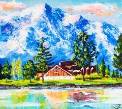 Original Painting Lake Tahoe California Pine Tree Mountain Landscape 7 x 8″