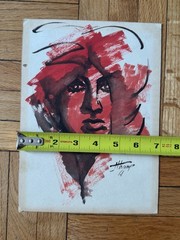 Vintage 1970s Abstract Watercolor Painting Red Black Portrait Woman 7 x 9.5