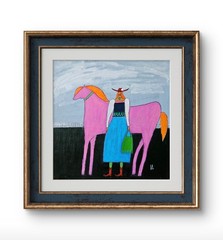 Folk Painting Original Woman Horse Portrait Canvas Outsider Whimsical 10×10 Art