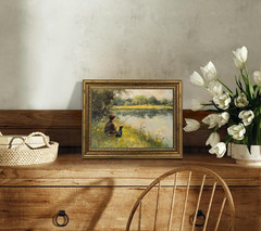 Vintage Gold Framed Wall Art Boy Fishing Country Painting Picture Peaceful Lake