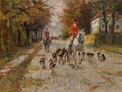 Antique Style Equestrian Oil Painting Hunting Scene Red Coat Riders & Dogs Art