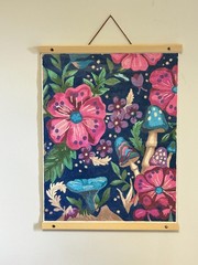 Abstract Flowers Mushrooms Acrylic painting – 16″ x 20″ – wood & leather frame