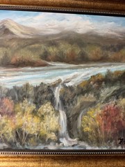 Large W Dickinson Acrylic Painting Mountain Landscape Waterfall River Framed Art