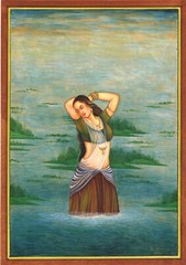 Indian Village Belle Painting Of Ladies Bathing In River On Paper 8×11.5 Inches