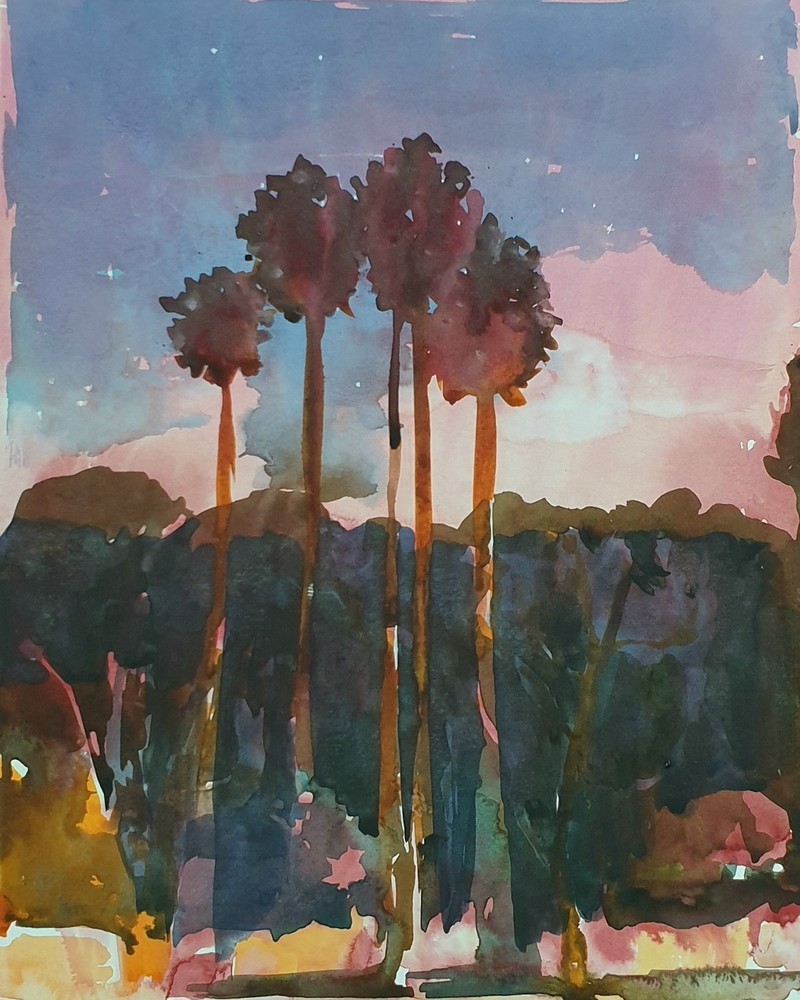 Watercolor Original Painting Palm Trees Los Feliz Los Angeles 11×14 Not A Print
