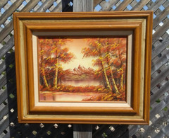 Orange Autumn Forest Lake Mountain Vintage Oil Canvas Painting Signed Sandy