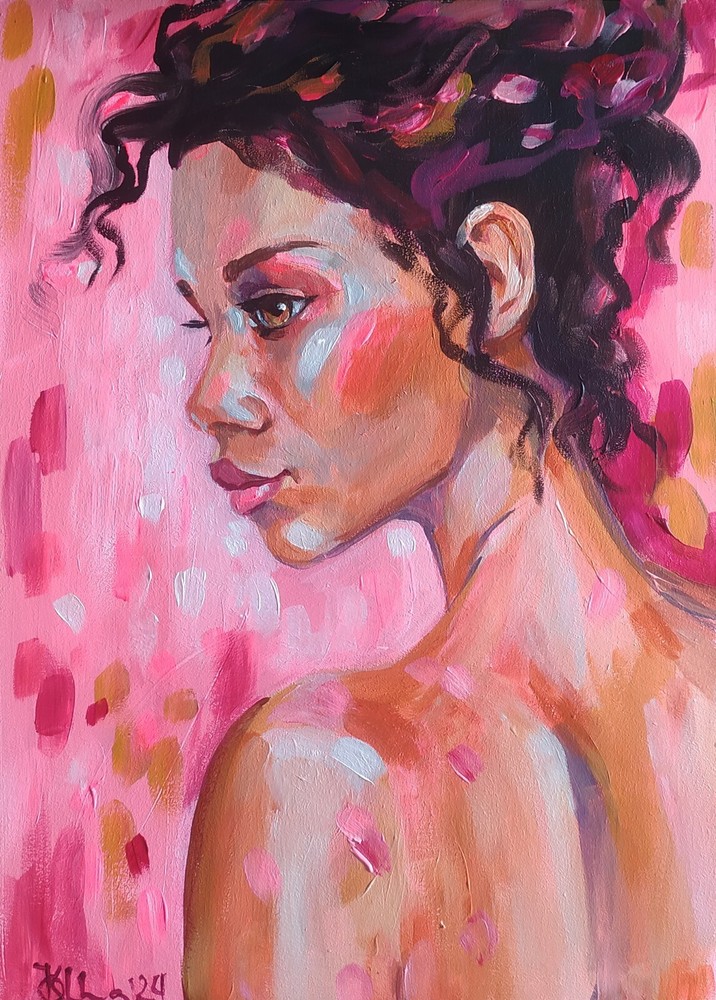 Acrylic original painting on panel with brunette woman portrait on the pink back