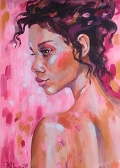 Acrylic original painting on panel with brunette woman portrait on the pink back