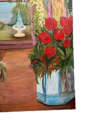 Vtg Impressionism Colorful Flowers in Greenhouse Still Life Oil Painting 24″x30″