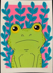 Original ACEO Green Frog Leaf Artwork Collectible Modern ATC Animal Small Art