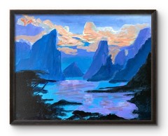 BLUE LAKE LANDSCAPE 14×11 ORIGINAL MODERN ART INTERIOR DESIGN
