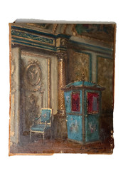 19thC Leonce De JONCIERES (1871-1952) Sedan Chair Interior Castle Versailles Oil