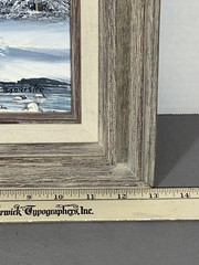 Winter Landscape Oil Painting Signed Barrister, Snow Scene in Rustic Wood Frame