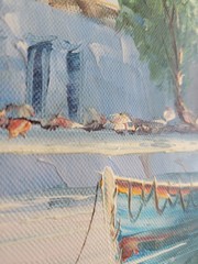 Oil Painting Mediterranean Harbor Scene Signed – Aaron Brothers – Wood Frame