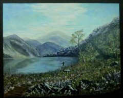 Fly Fishing Amateur Art Mountain Lake Oil on Canvas Signed 16X20