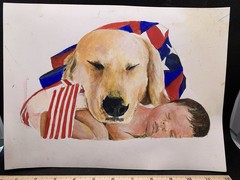 Patriotic Art Watercolor Dog Baby Golden Labrador Retriever American Flag Paint