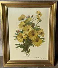 Vintage European Original Oil Painting On Board Signed Sunflowers Framed