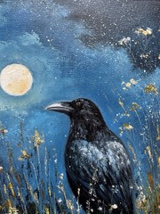 Raven Original Oil Painting Black Crow painting Crow Wall Art Bird Impasto Art