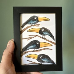 Ravens,crows,birds,funny,cute,original,miniature Painting,small,mini,framed
