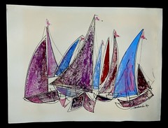 “Sailboats” Original Art Acrylic And Ink Stylized 15″x20″ Signed Shankweiler ‘87