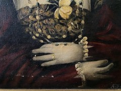 Antique Oil Portrait Lady in Red Dress Hat Pearls Framed Canvas As-Is