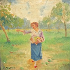 Mid Century Charles Nicoise Oil Painting on Porcelain Tile Woman in Meadow 9.5