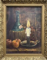 Still Life With Candelabrum, Wine, And Apples, Oil Painting Signed Holm 49X39Cm