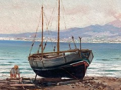 Pietro Gabrini Attributed Sorrento Harbor Italian Coast Antique Oil Painting